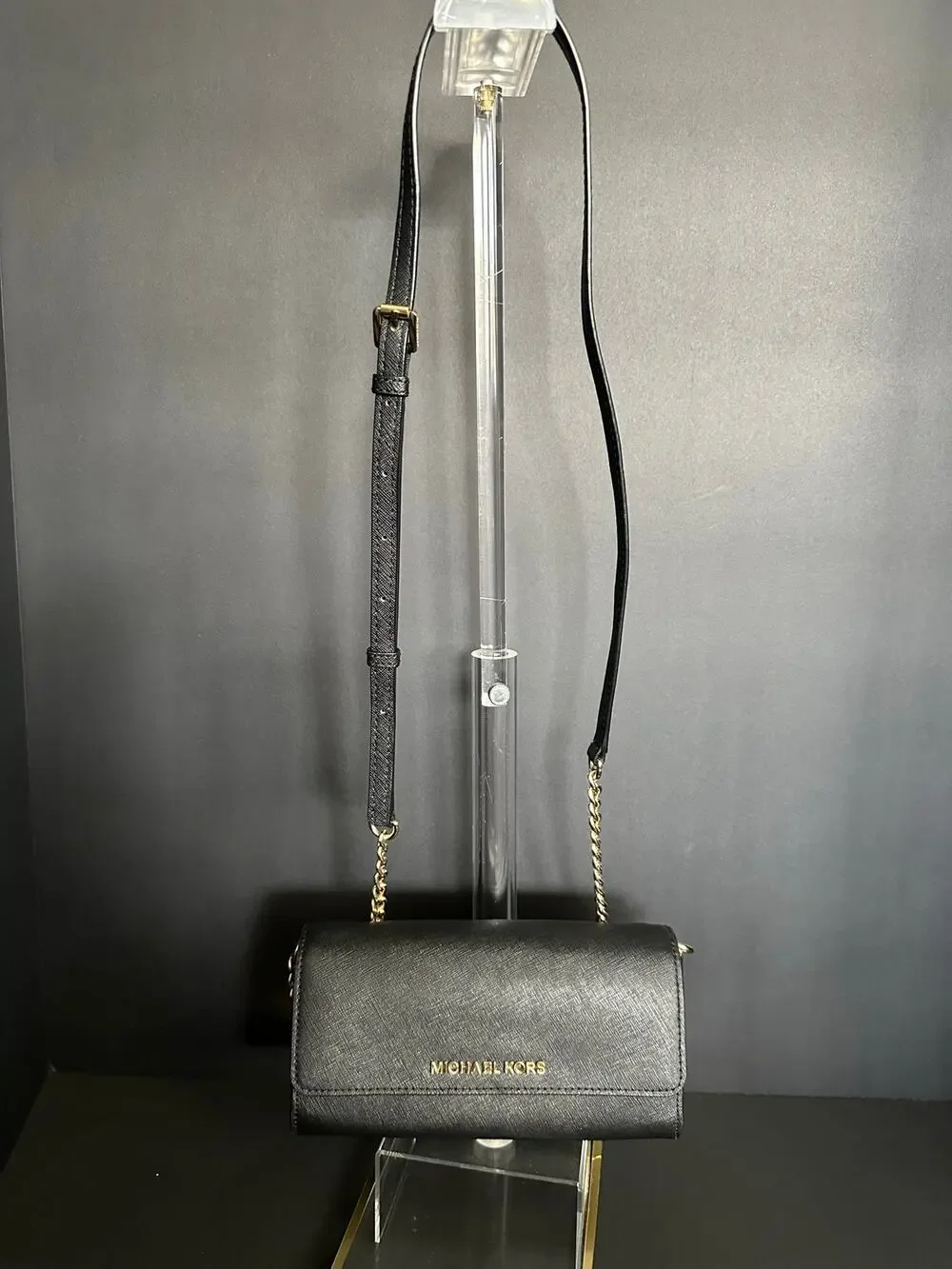 Michael Kors Black Saffiano Leather WOC Crossbody Wallet Gold Chain